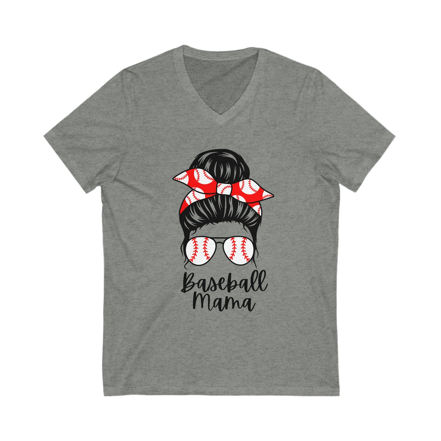 Baseball Mama w/Messy Bun - Jersey Short Sleeve V-Neck Tee - Baseball Mom