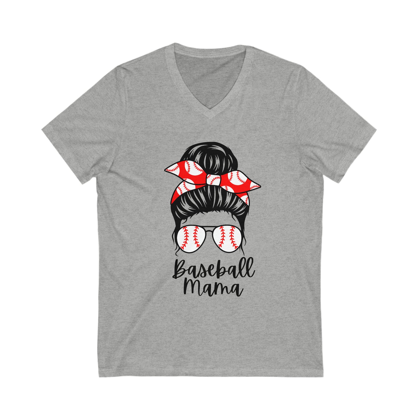 Baseball Mama w/Messy Bun - Jersey Short Sleeve V-Neck Tee - Baseball Mom