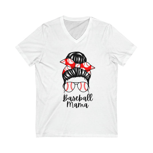 Baseball Mama w/Messy Bun - Jersey Short Sleeve V-Neck Tee - Baseball Mom